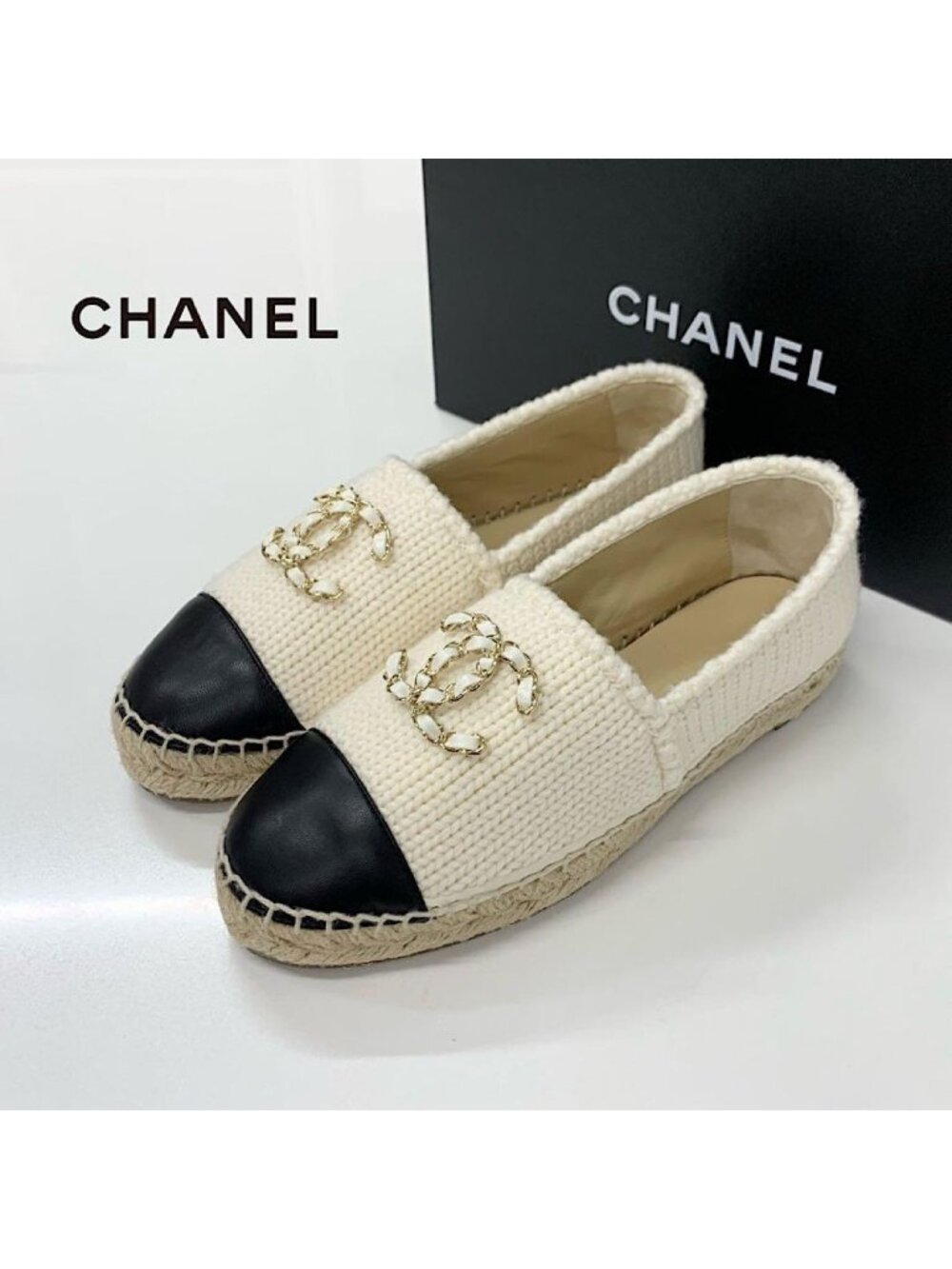 Chanel CC Logo Espadrille Fabric Leather Flat Shoes